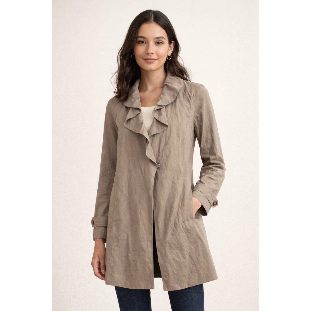 Ann Taylor LOFT Womens Khaki Ruffle Collar Belted Trench Coat Jacket Tan Medium